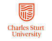 Logo of Charles Sturt University featuring a red shield with a stylized design above the university's name in bold red letters.