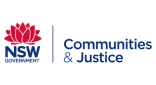 Logo for NSW Communities & Justice, featuring a red waratah flower next to the text.